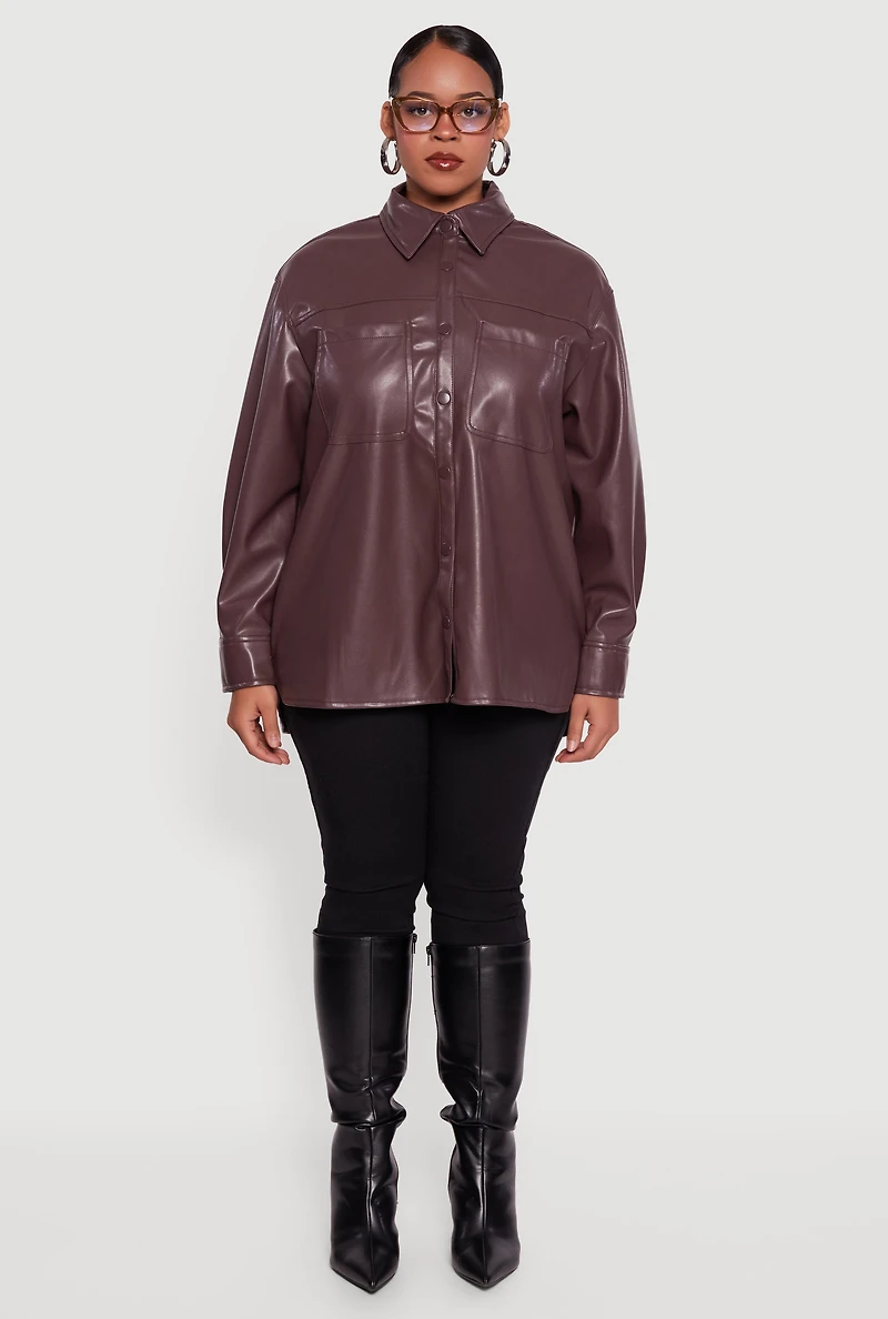 Plus Faux Leather Snap Button Front Shacket