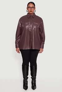 Plus Faux Leather Snap Button Front Shacket