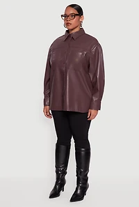 Plus Faux Leather Snap Button Front Shacket