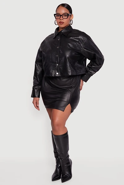Womens Plus Size Faux Leather Woven Detail Snap Button Front Shacket, Black, Size 1X