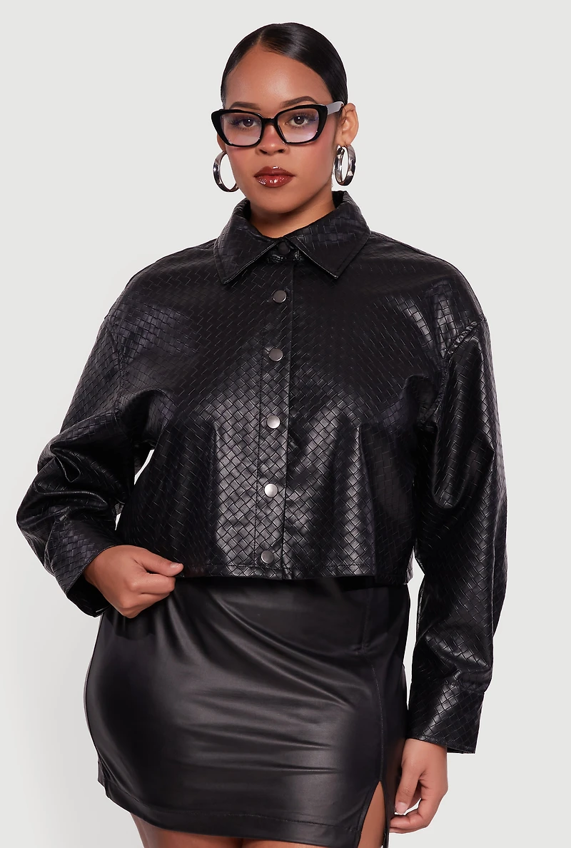 Womens Plus Faux Leather Woven Detail Snap Button Front Shacket, Black,