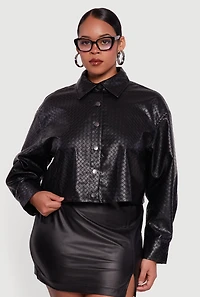 Womens Plus Faux Leather Woven Detail Snap Button Front Shacket, Black,