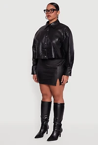 Womens Plus Faux Leather Woven Detail Snap Button Front Shacket, Black,