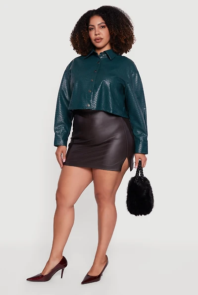 Womens Plus Size Woven Faux Leather Detail Snap Button Front Shacket, Green, Size 3X