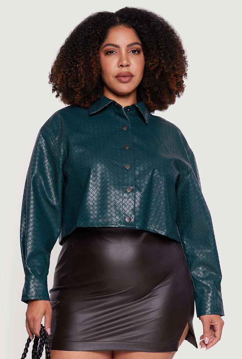 Womens Plus Size Woven Faux Leather Detail Snap Button Front Shacket, Green, Size 3X