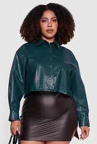 Womens Plus Size Woven Faux Leather Detail Snap Button Front Shacket, Green, Size 3X