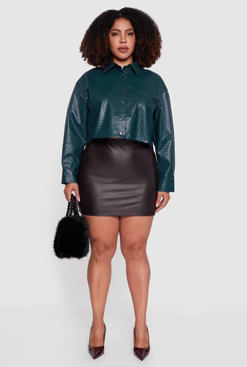 Womens Plus Size Woven Faux Leather Detail Snap Button Front Shacket, Green, Size 3X