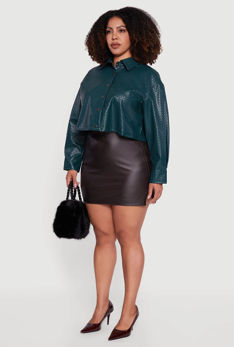 Womens Plus Size Woven Faux Leather Detail Snap Button Front Shacket, Green, Size 3X