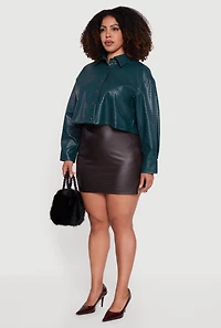 Womens Plus Size Woven Faux Leather Detail Snap Button Front Shacket, Green, Size 3X
