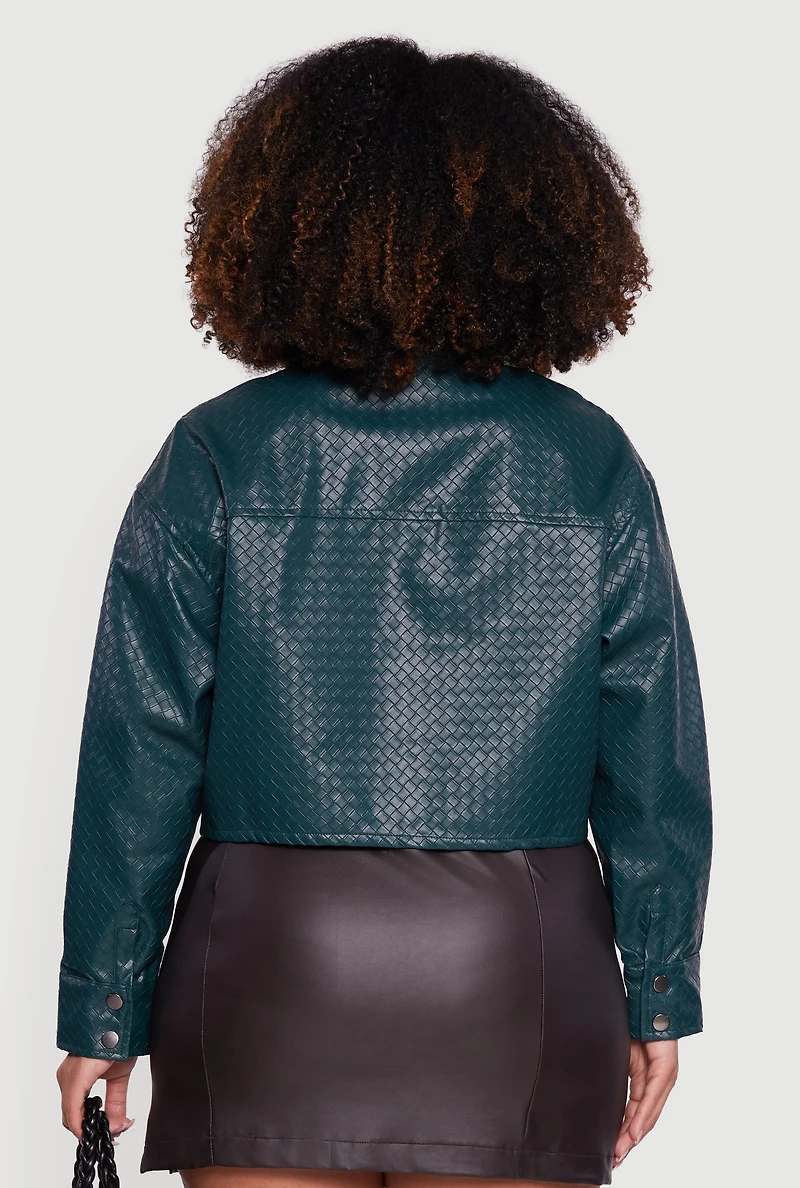 Womens Plus Size Woven Faux Leather Detail Snap Button Front Shacket, Green, Size 3X