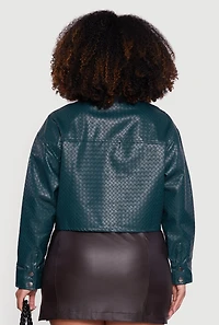 Womens Plus Size Woven Faux Leather Detail Snap Button Front Shacket, Green, Size 3X