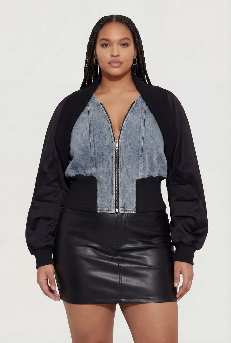Plus Hybrid Denim Zip Front Jacket