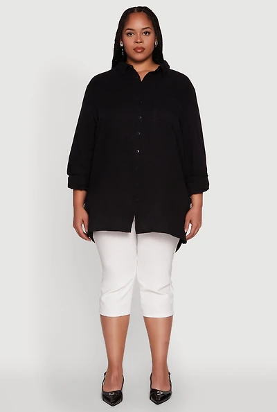 Womens Plus Size Trendy Gauze Knit Button Front Shirt, Black, Size 1X