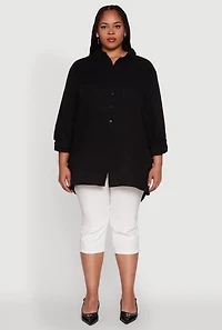 Womens Plus Size Trendy Gauze Knit Button Front Shirt, Black, Size 1X