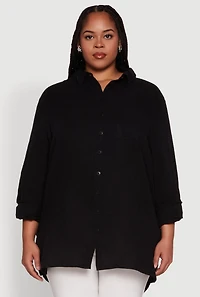 Womens Plus Size Trendy Gauze Knit Button Front Shirt, Black, Size 1X