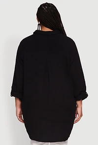Womens Plus Size Trendy Gauze Knit Button Front Shirt, Black, Size 1X