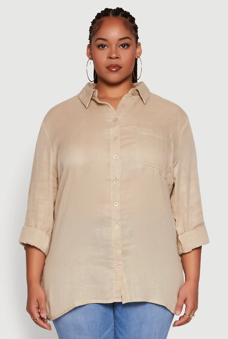 Womens Plus Size Trendy Gauze Knit Button Front Shirt, Beige, Size 2X