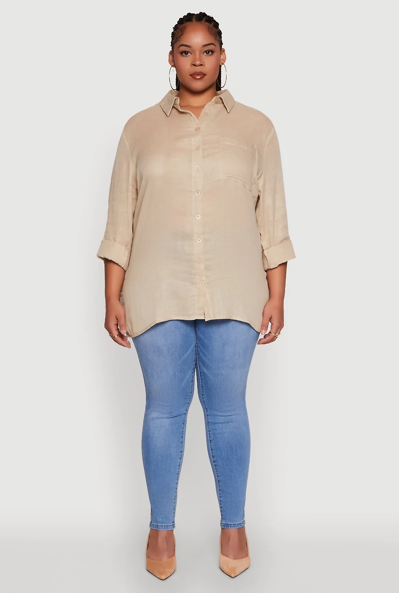 Womens Plus Size Trendy Gauze Knit Button Front Shirt, Beige, Size 2X