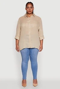 Womens Plus Size Trendy Gauze Knit Button Front Shirt, Beige, Size 2X