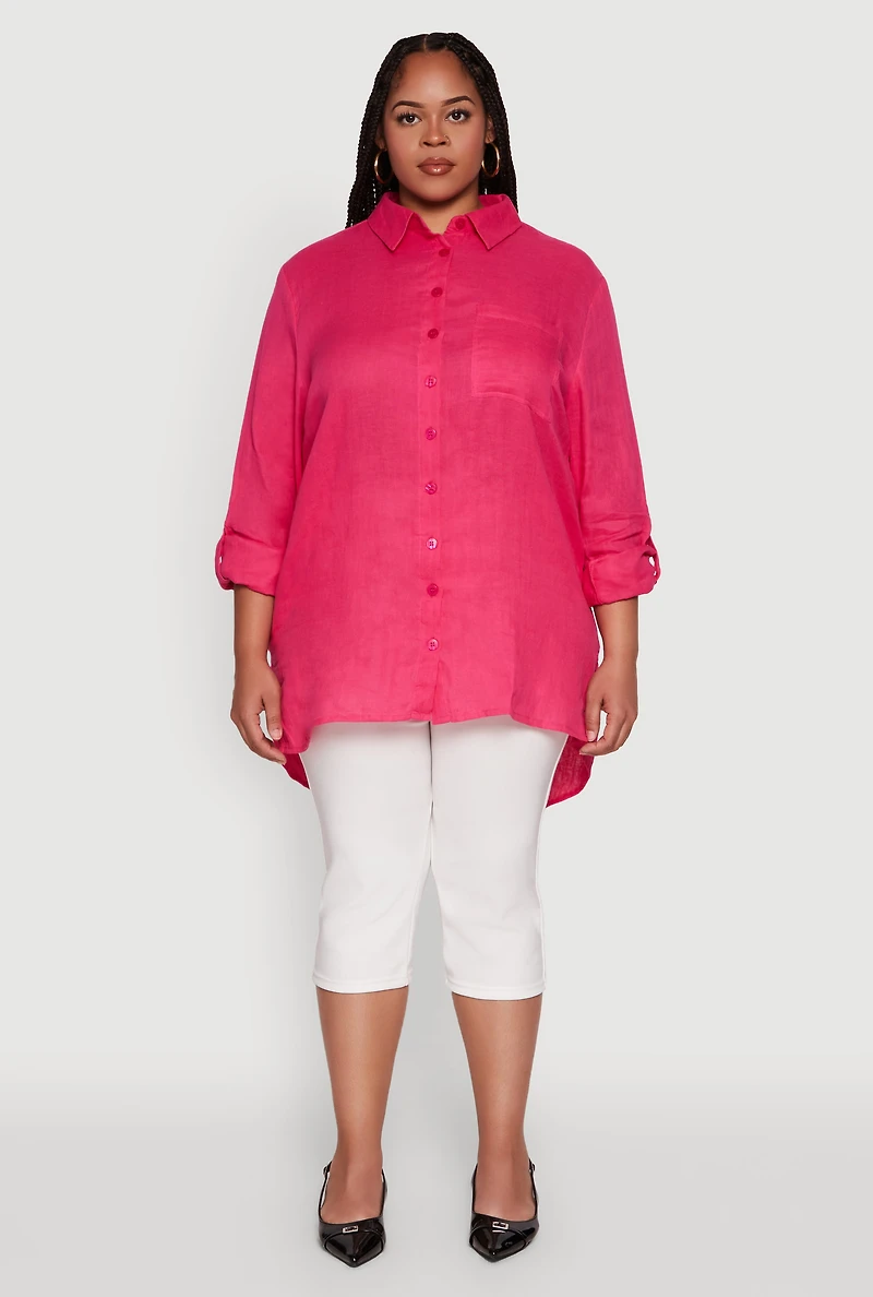 Womens Plus Trendy Gauze Knit Button Front Shirt, Pink,