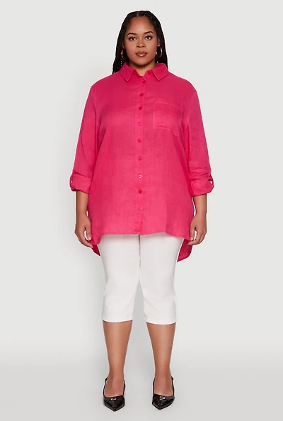 Womens Plus Trendy Gauze Knit Button Front Shirt, Pink,