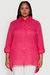 Womens Plus Trendy Gauze Knit Button Front Shirt, Pink,