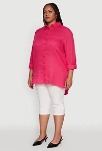 Womens Plus Trendy Gauze Knit Button Front Shirt, Pink,