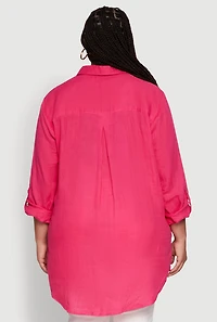 Womens Plus Trendy Gauze Knit Button Front Shirt, Pink,