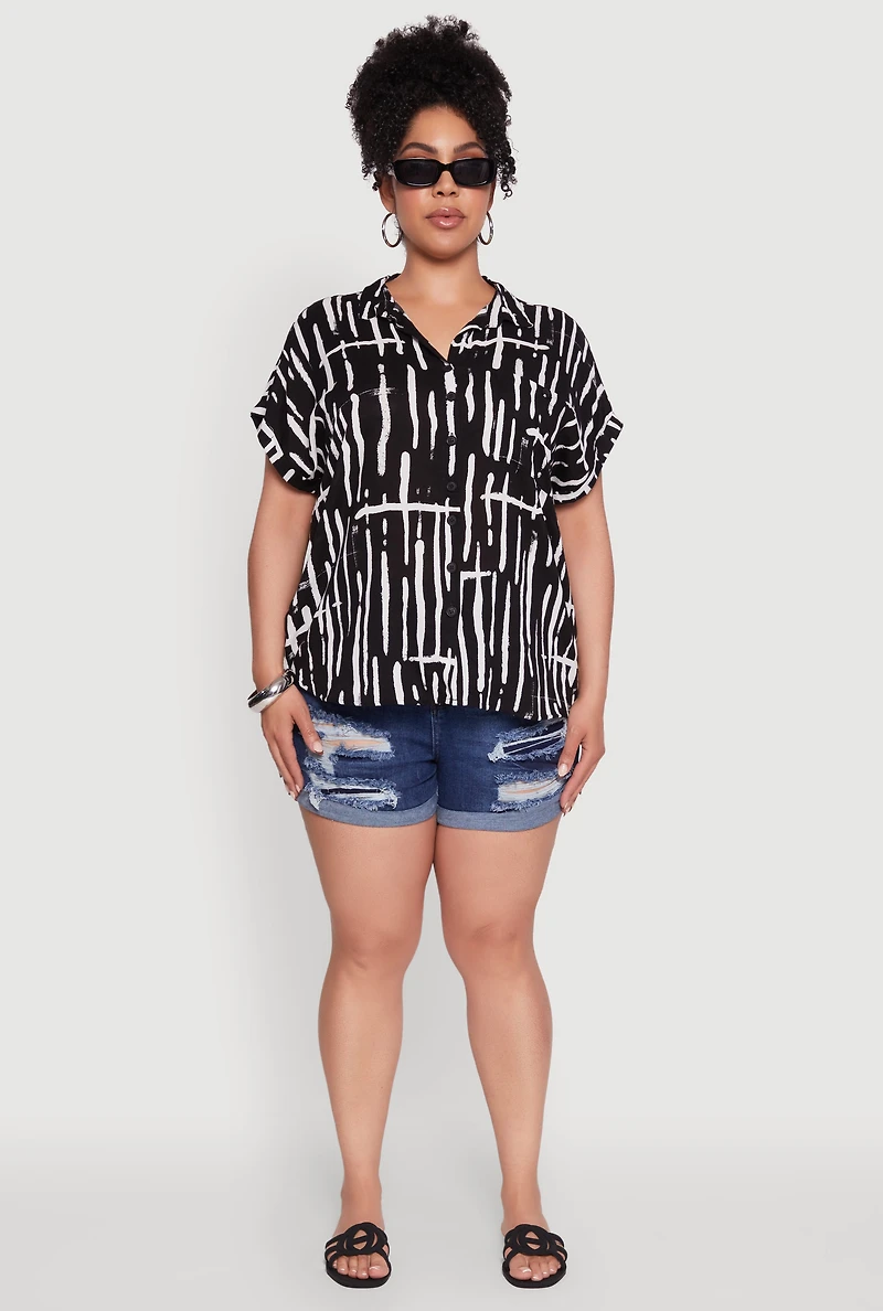 Plus Abstract Print Button Front High Low Shirt