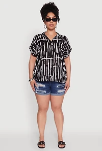 Plus Abstract Print Button Front High Low Shirt