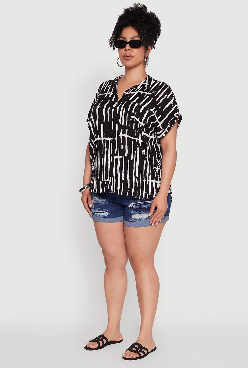 Womens Plus Size Abstract Print Button Front High Low Shirt, Multi, Size 2X