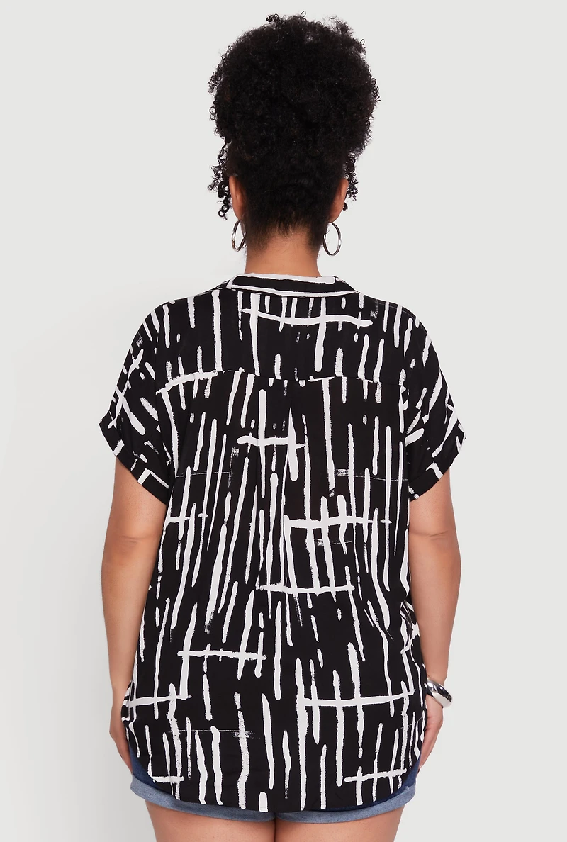 Womens Plus Size Abstract Print Button Front High Low Shirt, Multi, Size 2X