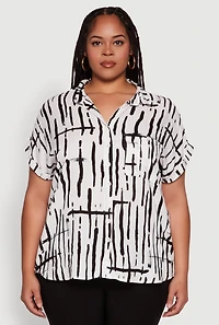 Womens Plus Abstract Print Button Front High Low Shirt, Multi,