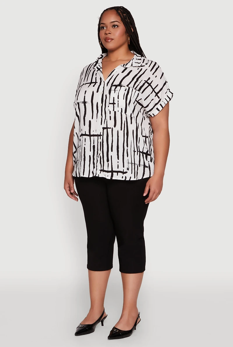 Plus Abstract Print Button Front High Low Shirt