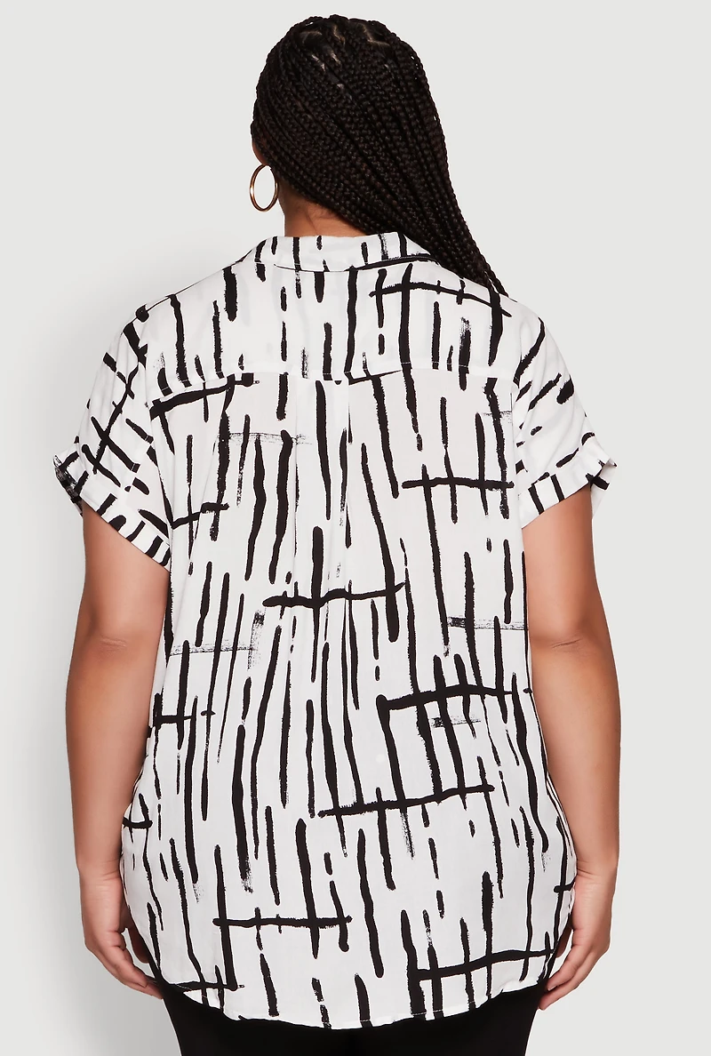 Womens Plus Abstract Print Button Front High Low Shirt, Multi,