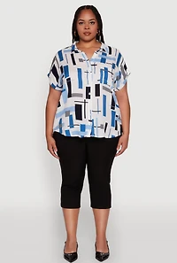 Womens Plus Abstract Patterned Button Front High Low Shirt, Multi,