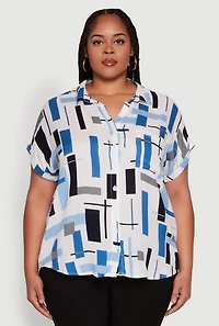 Womens Plus Size Abstract Patterned Button Front High Low Shirt, Multi, Size 2X
