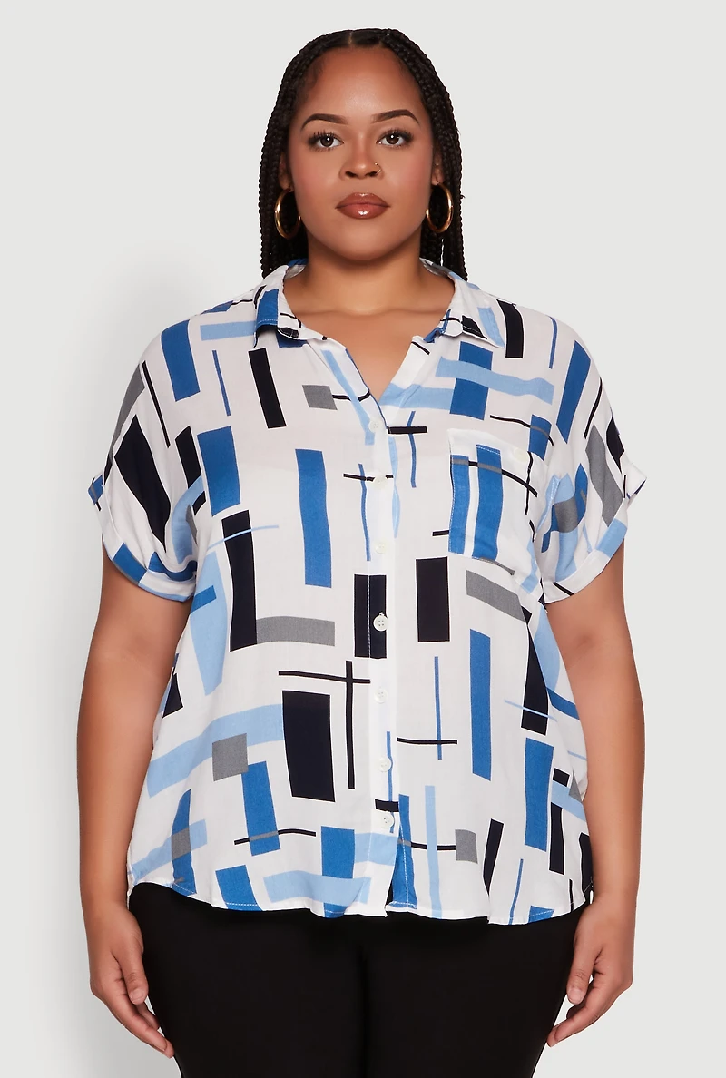 Womens Plus Abstract Patterned Button Front High Low Shirt, Multi,