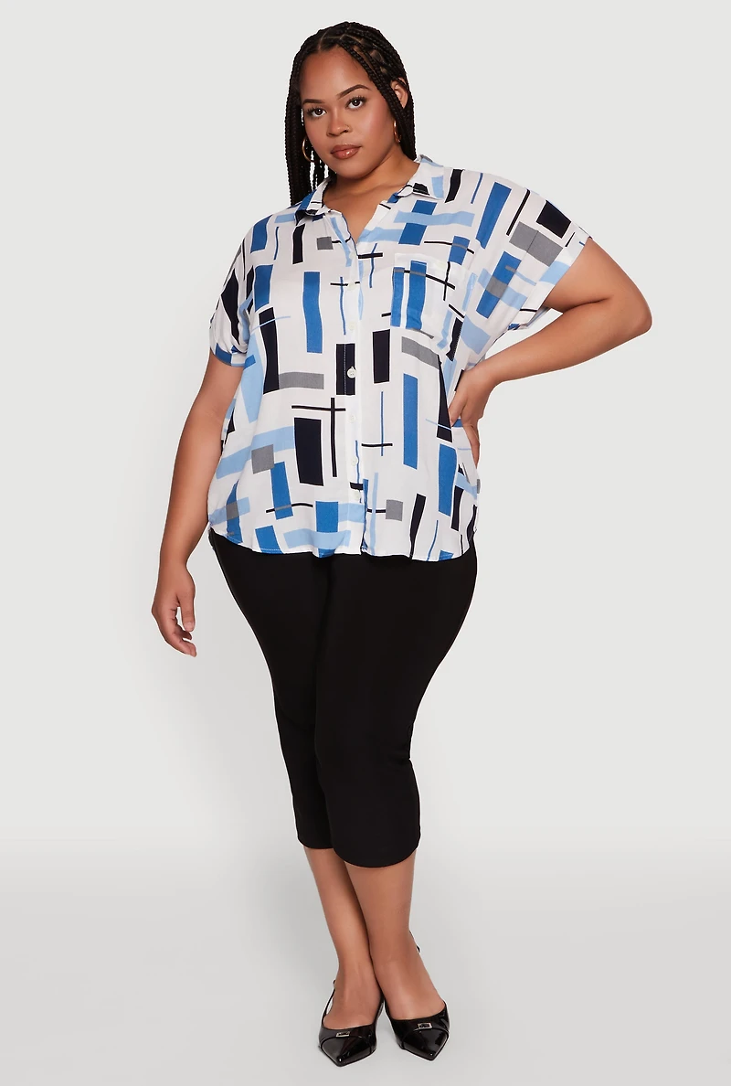 Plus Abstract Patterned Button Front High Low Shirt