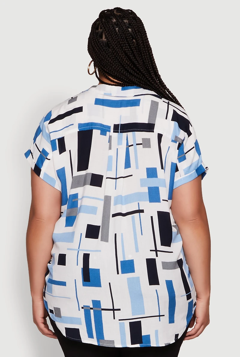 Womens Plus Abstract Patterned Button Front High Low Shirt, Multi,