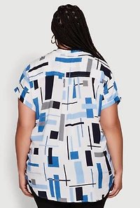 Womens Plus Abstract Patterned Button Front High Low Shirt, Multi,