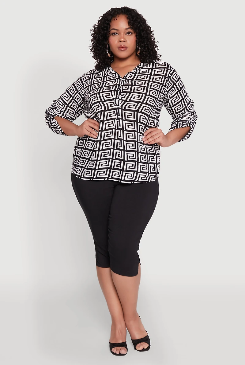 Womens Plus Size Greek Key Notch Neck Blouse, Multi, Size 2X