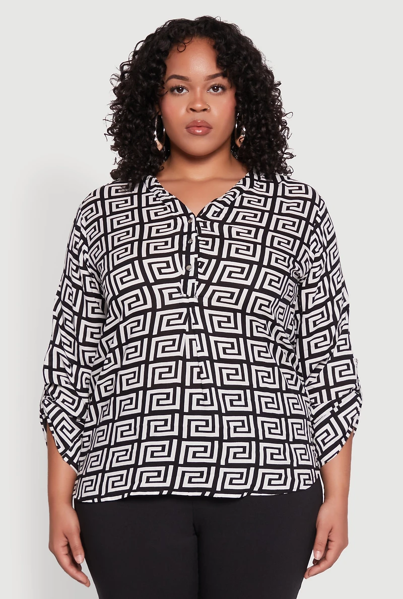Womens Plus Size Greek Key Notch Neck Blouse, Multi, Size 2X