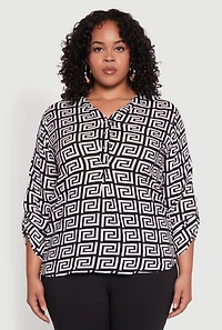 Womens Plus Size Greek Key Notch Neck Blouse, Multi, Size 2X