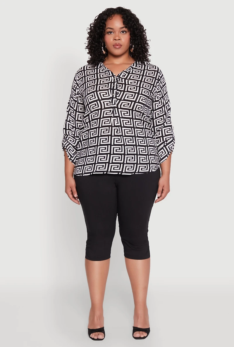 Womens Plus Size Greek Key Notch Neck Blouse, Multi, Size 2X