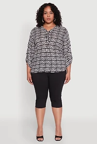 Womens Plus Size Greek Key Notch Neck Blouse, Multi, Size 2X