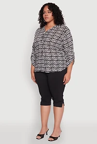 Womens Plus Size Greek Key Notch Neck Blouse, Multi, Size 2X