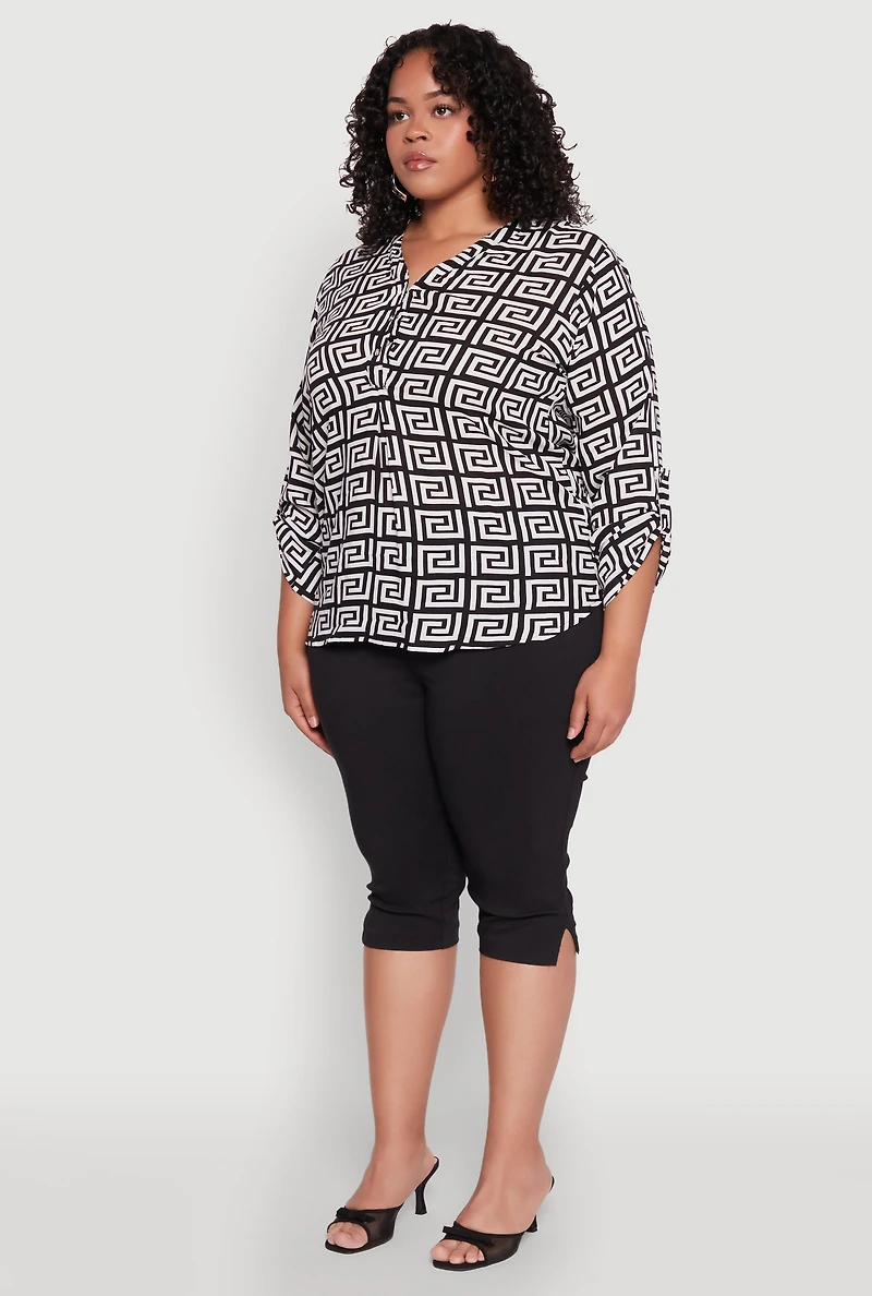 Plus Greek Key Notch Neck Blouse