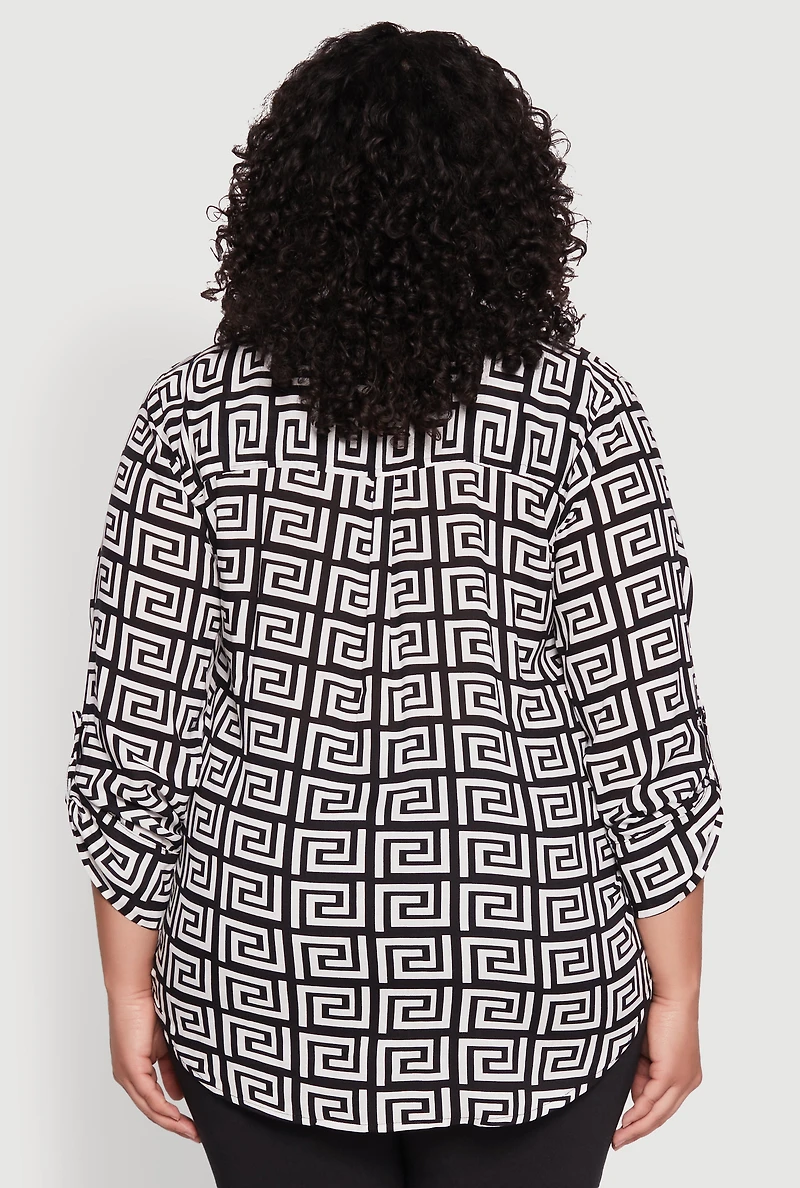 Womens Plus Size Greek Key Notch Neck Blouse, Multi, Size 2X