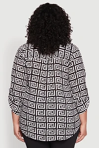 Womens Plus Size Greek Key Notch Neck Blouse, Multi, Size 2X
